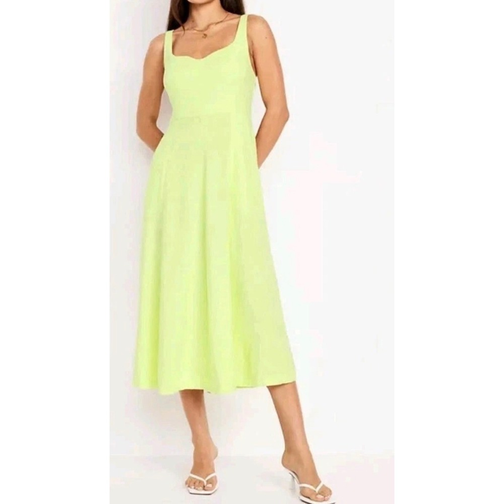 Old Navy Womens Lime Yellow Linen Blend Smocked Back Midi Dress Women's Large L